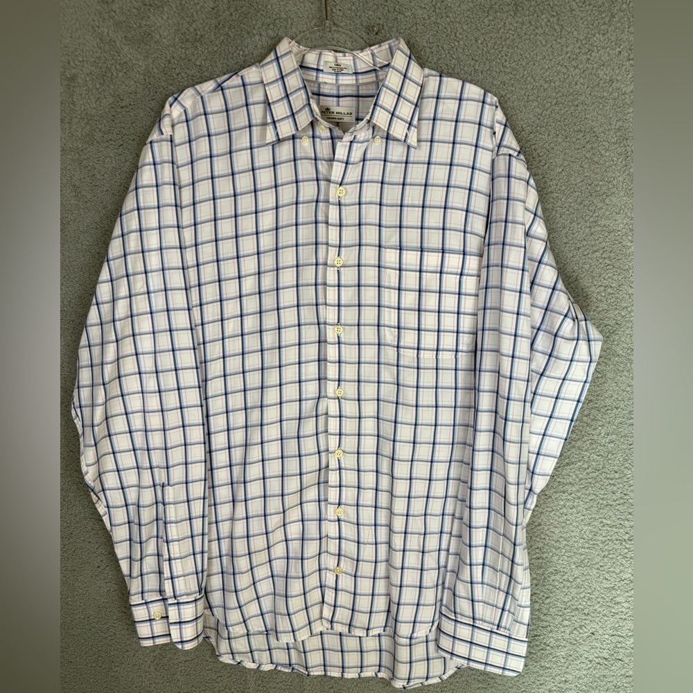 Men's pink blue and white checkered button down silk blend large
